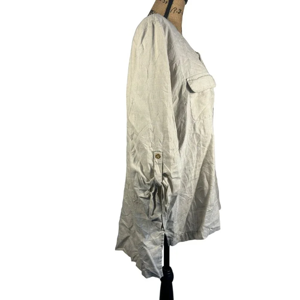 Ellen Tracy Womens Beige Linen Lace-Up Blouse Top With Pockets Size XL Lagenlook - Picture 5 of 6